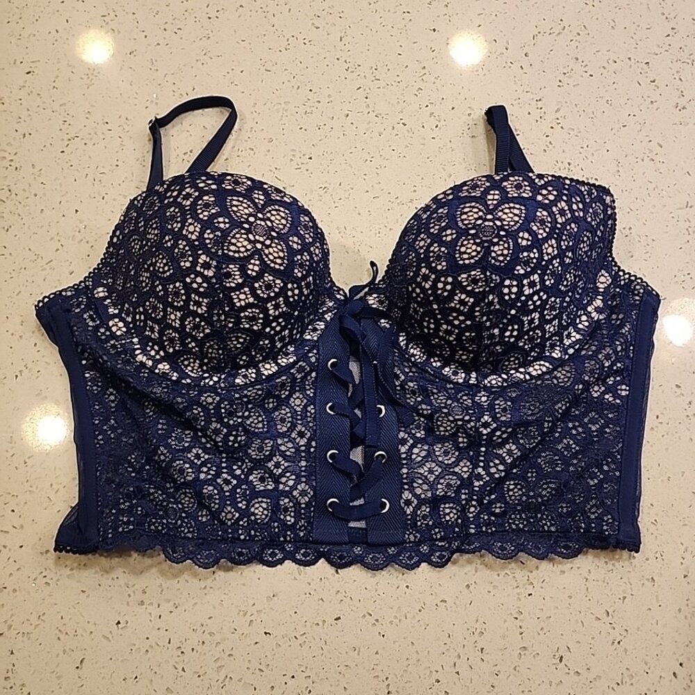 Victorias Secret Padded Delu Push-Up Bra 32D Back Zipper Blue Underwire